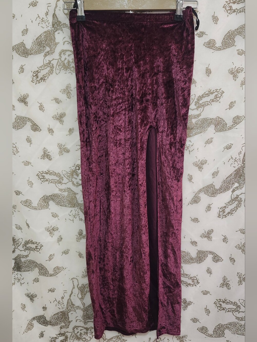 VTG 90s maiden of darkness gothic crushed velvet high slit burgandy maxi skirt